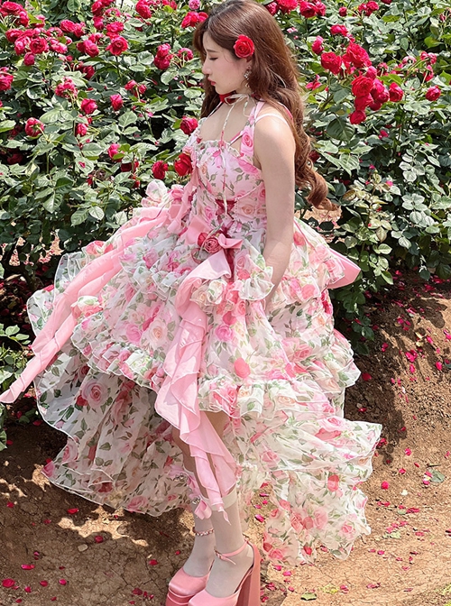 Rose Floral Print Stereoscopic Rose Bowknot Decoration Oversized Bowknot Trailing Design Backless Classic Lolita Sleeveless Dress