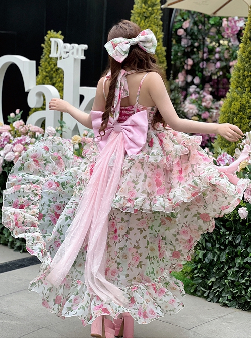 Rose Floral Print Stereoscopic Rose Decoration Oversized Bowknot Trailing Design Backless Classic Lolita Sleeveless Dress