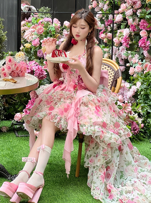 Rose Floral Print Stereoscopic Rose Bowknot Decoration Oversized Bowknot Trailing Design Backless Classic Lolita Sleeveless Dress