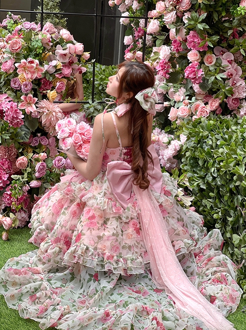 Rose Floral Print Stereoscopic Rose Decoration Oversized Bowknot Trailing Design Backless Classic Lolita Sleeveless Dress