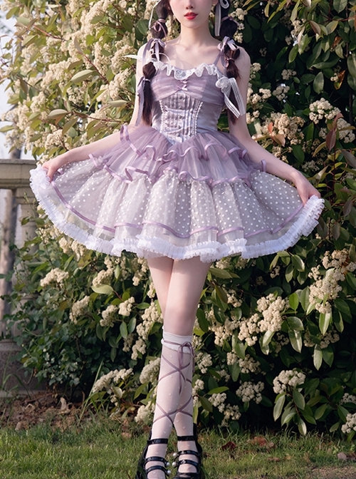 Star Trail Series Purple Lace Satin Star Mesh Ballet Style Miniskirt Classic Lolita Sleeveless Dress