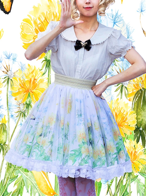 Ladylike Dandelion Butterfly Oil Painting Digital Printing Tulle Lace Ruffle Design Sweet Lolita Skirt