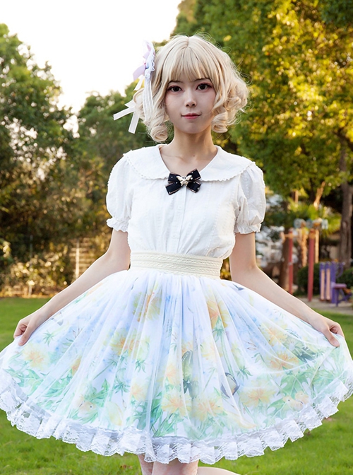 Ladylike Dandelion Butterfly Oil Painting Digital Printing Tulle Lace Ruffle Design Sweet Lolita Skirt