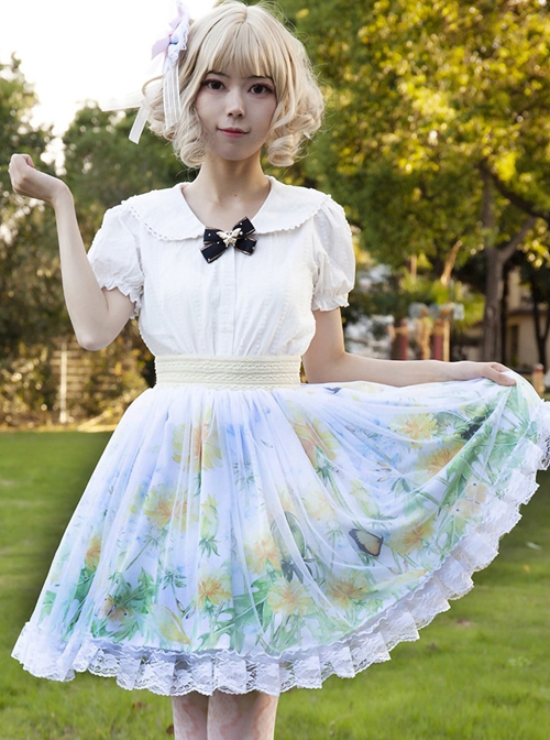 Ladylike Dandelion Butterfly Oil Painting Digital Printing Tulle Lace Ruffle Design Sweet Lolita Skirt