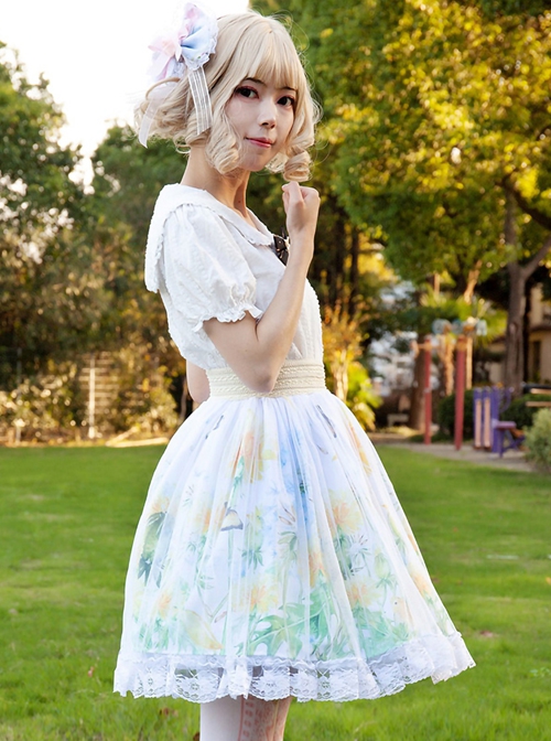 Ladylike Dandelion Butterfly Oil Painting Digital Printing Tulle Lace Ruffle Design Sweet Lolita Skirt