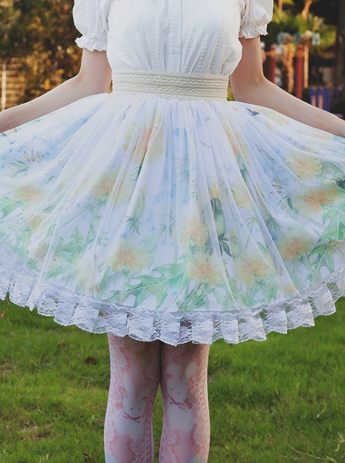 Ladylike Dandelion Butterfly Oil Painting Digital Printing Tulle Lace Ruffle Design Sweet Lolita Skirt