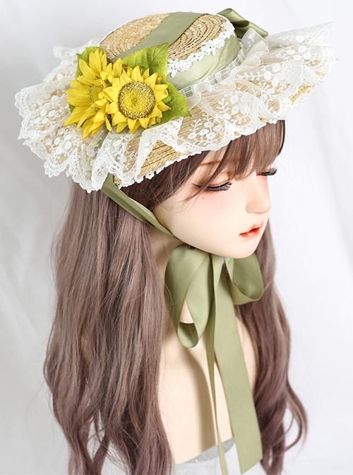 Pastoral Style Green Ribbon Bowknot Lace Sunscreen Sunflower Binding Band Classic Lolita Straw Weaving Hat