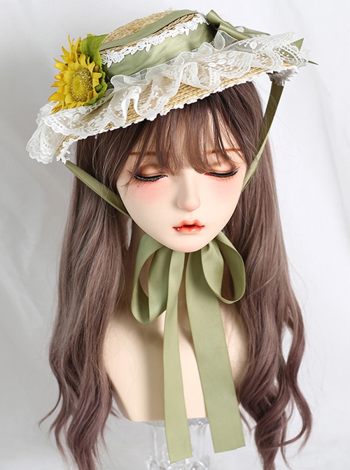 Pastoral Style Green Ribbon Bowknot Lace Sunscreen Sunflower Binding Band Classic Lolita Straw Weaving Hat