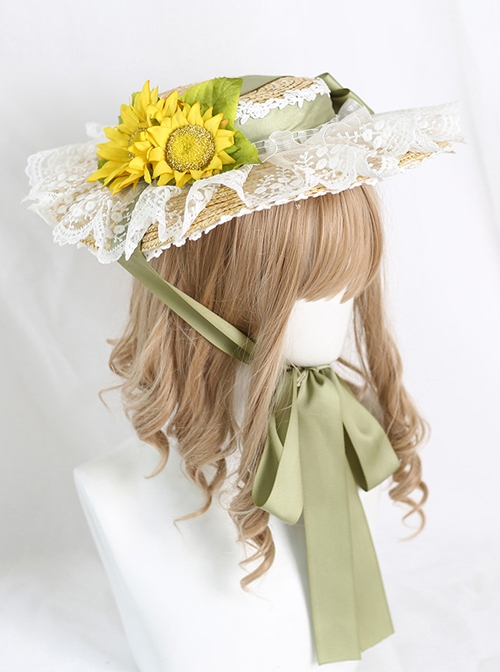 Pastoral Style Green Ribbon Bowknot Lace Sunscreen Sunflower Binding Band Classic Lolita Straw Weaving Hat