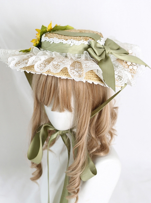 Pastoral Style Green Ribbon Bowknot Lace Sunscreen Sunflower Binding Band Classic Lolita Straw Weaving Hat