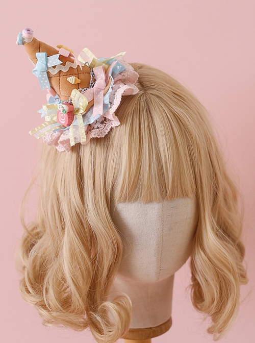 Cute Ice Cream Cone Design Pink-Blue Lace Bowknot Candy Decoration Sweet Lolita Little Top Hat