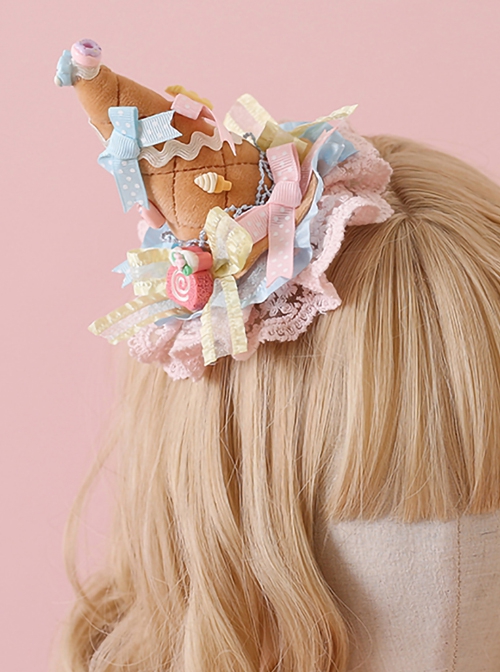 Cute Ice Cream Cone Design Pink-Blue Lace Bowknot Candy Decoration Sweet Lolita Little Top Hat