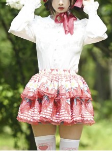 Cute Strawberry Flower Print Pleated Lace Ruffles Sweet Lolita Super Short Skirt