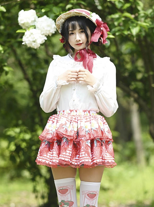 Cute Strawberry Flower Print Pleated Lace Ruffles Sweet Lolita Super Short Skirt