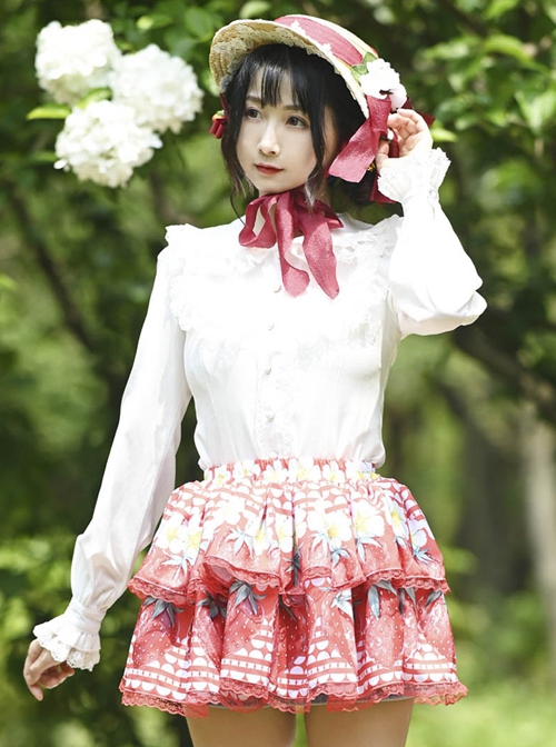 Cute Strawberry Flower Print Pleated Lace Ruffles Sweet Lolita Super Short Skirt