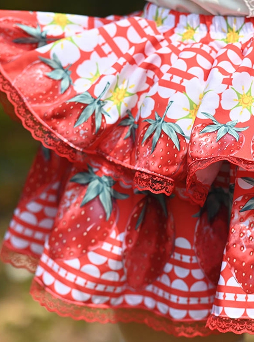 Cute Strawberry Flower Print Pleated Lace Ruffles Sweet Lolita Super Short Skirt