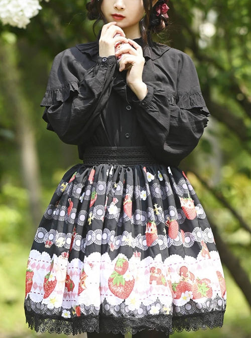 Soft Cute Strawberry Bear Crown Print Pleated Lace Ruffles Sweet Lolita Skirt