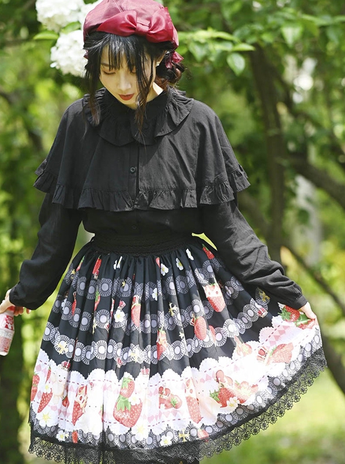Soft Cute Strawberry Bear Crown Print Pleated Lace Ruffles Sweet Lolita Skirt