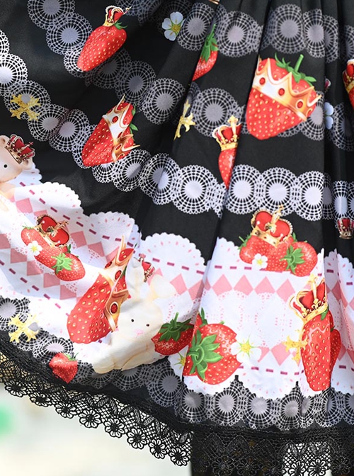 Soft Cute Strawberry Bear Crown Print Pleated Lace Ruffles Sweet Lolita Skirt