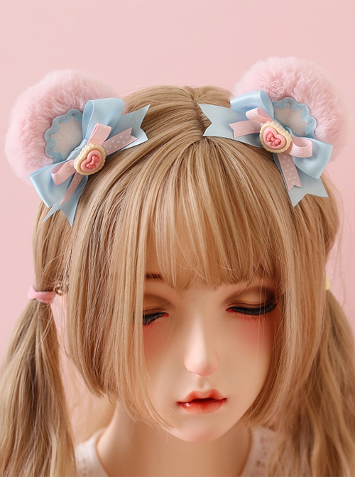 Pink-Blue Bowknot Decoration Cute Plush Little Bear Ears Sweet Lolita Hair Clip