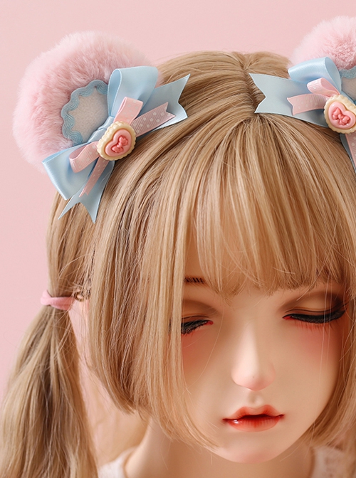 Pink-Blue Bowknot Decoration Cute Plush Little Bear Ears Sweet Lolita Hair Clip