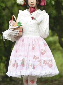 Bear Crown Cute Strawberry Flower Print Tulle Lace Ruffle Sweet Lolita Skirt