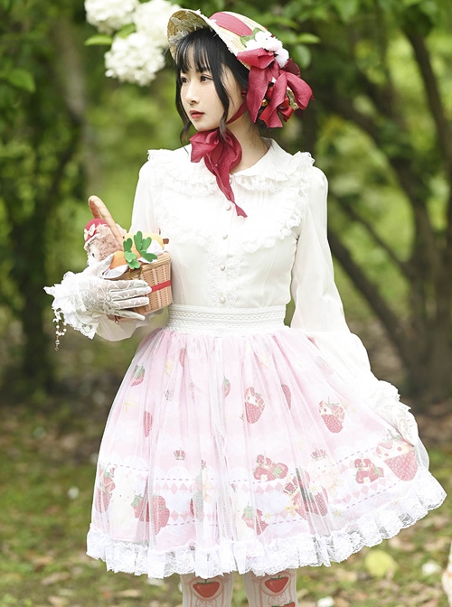 Bear Crown Cute Strawberry Flower Print Tulle Lace Ruffle Sweet Lolita Skirt