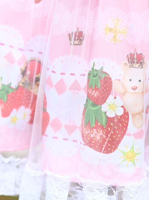 Bear Crown Cute Strawberry Flower Print Tulle Lace Ruffle Sweet Lolita Skirt