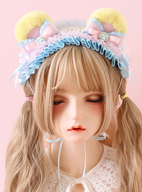 Cute Plush Little Bear Ears Bowknot Decoration Lace Binding Band Sweet Lolita Headband