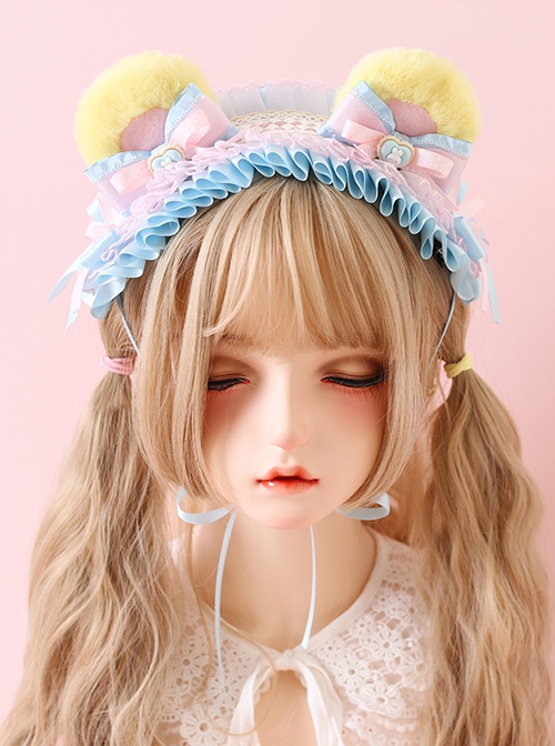 Cute Plush Little Bear Ears Bowknot Decoration Lace Binding Band Sweet Lolita Headband