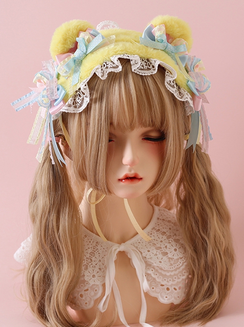 Pure Color Lace Plush Bear Ears Pink Blue Bowknot Decoration Cute Sweet Lolita Headband