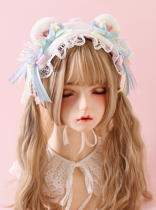 Pure Color Lace Plush Bear Ears Pink Blue Bowknot Decoration Cute Sweet Lolita Headband