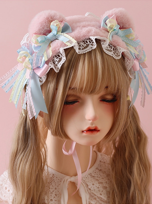 Pure Color Lace Plush Bear Ears Pink Blue Bowknot Decoration Cute Sweet Lolita Headband