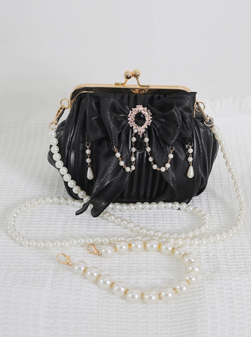Vintage Bead Chain Bowknot Pure Color Shell Bag Classic Lolita Messenger Portable Bag