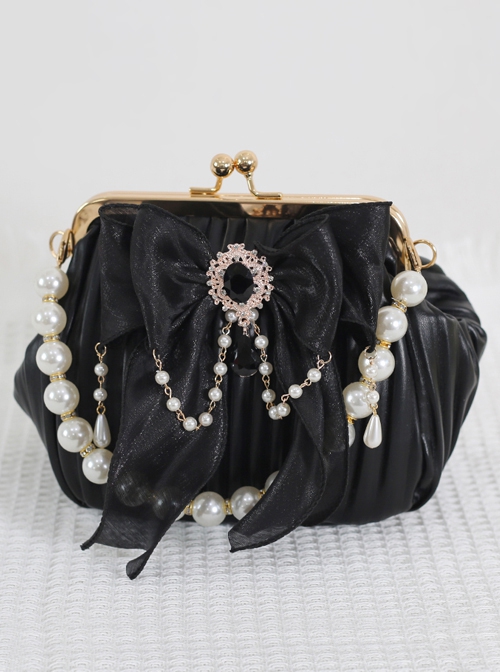 Vintage Bead Chain Bowknot Pure Color Shell Bag Classic Lolita Messenger Portable Bag