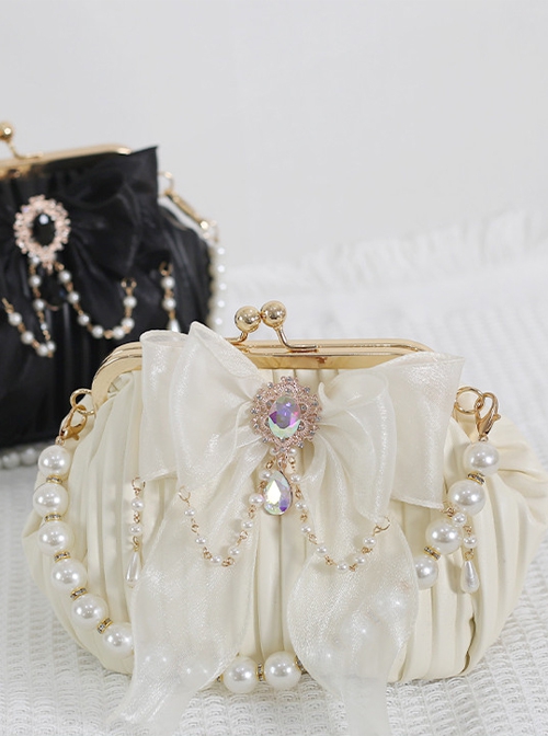 Vintage Bead Chain Bowknot Pure Color Shell Bag Classic Lolita Messenger Portable Bag