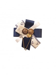 Navy Style Blue-White Color Contrast Lace Button Ribbon Autumn Winter Coat Classic Lolita Brooch