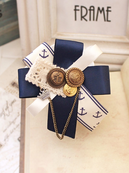 Navy Style Blue-White Color Contrast Lace Button Ribbon Autumn Winter Coat Classic Lolita Brooch