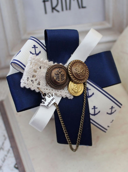 Navy Style Blue-White Color Contrast Lace Button Ribbon Autumn Winter Coat Classic Lolita Brooch