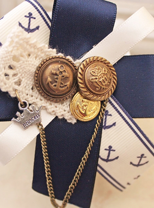 Navy Style Blue-White Color Contrast Lace Button Ribbon Autumn Winter Coat Classic Lolita Brooch