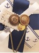 Navy Style Blue-White Color Contrast Lace Button Ribbon Autumn Winter Coat Classic Lolita Brooch