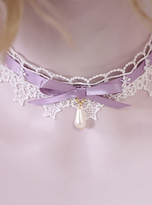 White Star Lace Pure Color Ribbon Water Drop Pearl Daily Girl Sweet Lolita Necklace