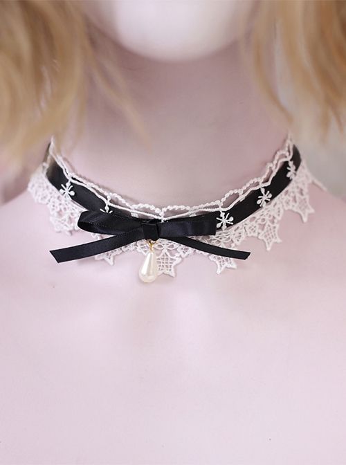 White Star Lace Pure Color Ribbon Water Drop Pearl Daily Girl Sweet Lolita Necklace