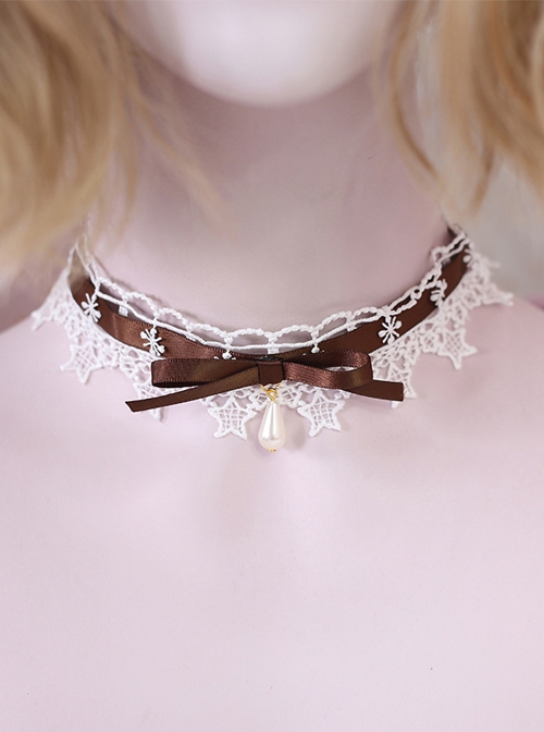 White Star Lace Pure Color Ribbon Water Drop Pearl Daily Girl Sweet Lolita Necklace