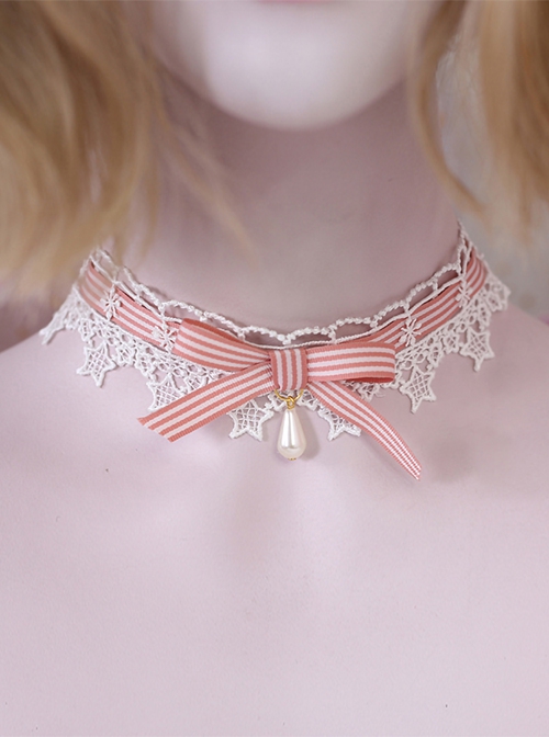 Pure Color Stripe Ribbon Bowknot Water Drop Pearl White Star Lace Sweet Lolita Necklace