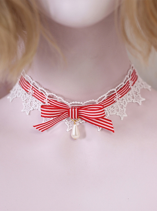 Pure Color Stripe Ribbon Bowknot Water Drop Pearl White Star Lace Sweet Lolita Necklace