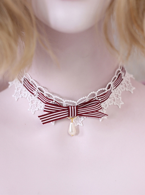 Pure Color Stripe Ribbon Bowknot Water Drop Pearl White Star Lace Sweet Lolita Necklace