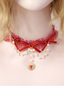 Red Lace Bowknot Bead Chain Decorated Heart Cross Gothic Lolita Necklace