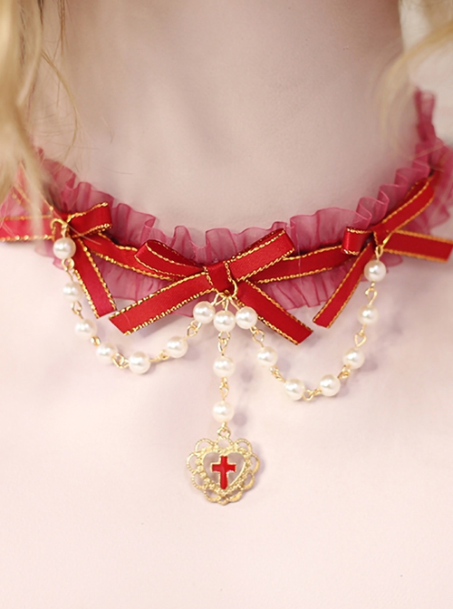 Red Lace Bowknot Bead Chain Decorated Heart Cross Gothic Lolita Necklace