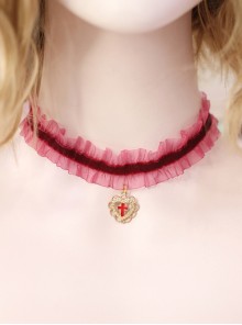 Daily Simple Red Lace Heart-Shaped Cross Gothic Lolita Necklace